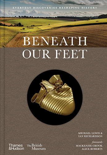 Book cover with rolling hills on top, and a picture of the Ringlemere cup below, with the title 'Beneath our feet' in white serif font