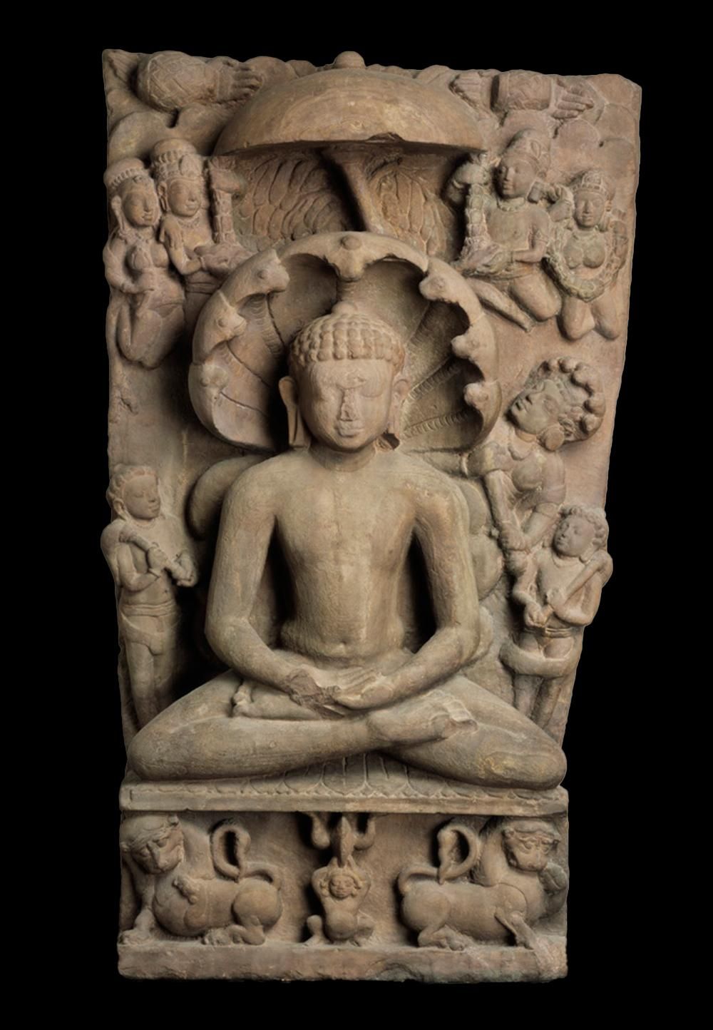 Sandstone carving of a Jain teacher meditating, with the hoods of his snake protector above his head.