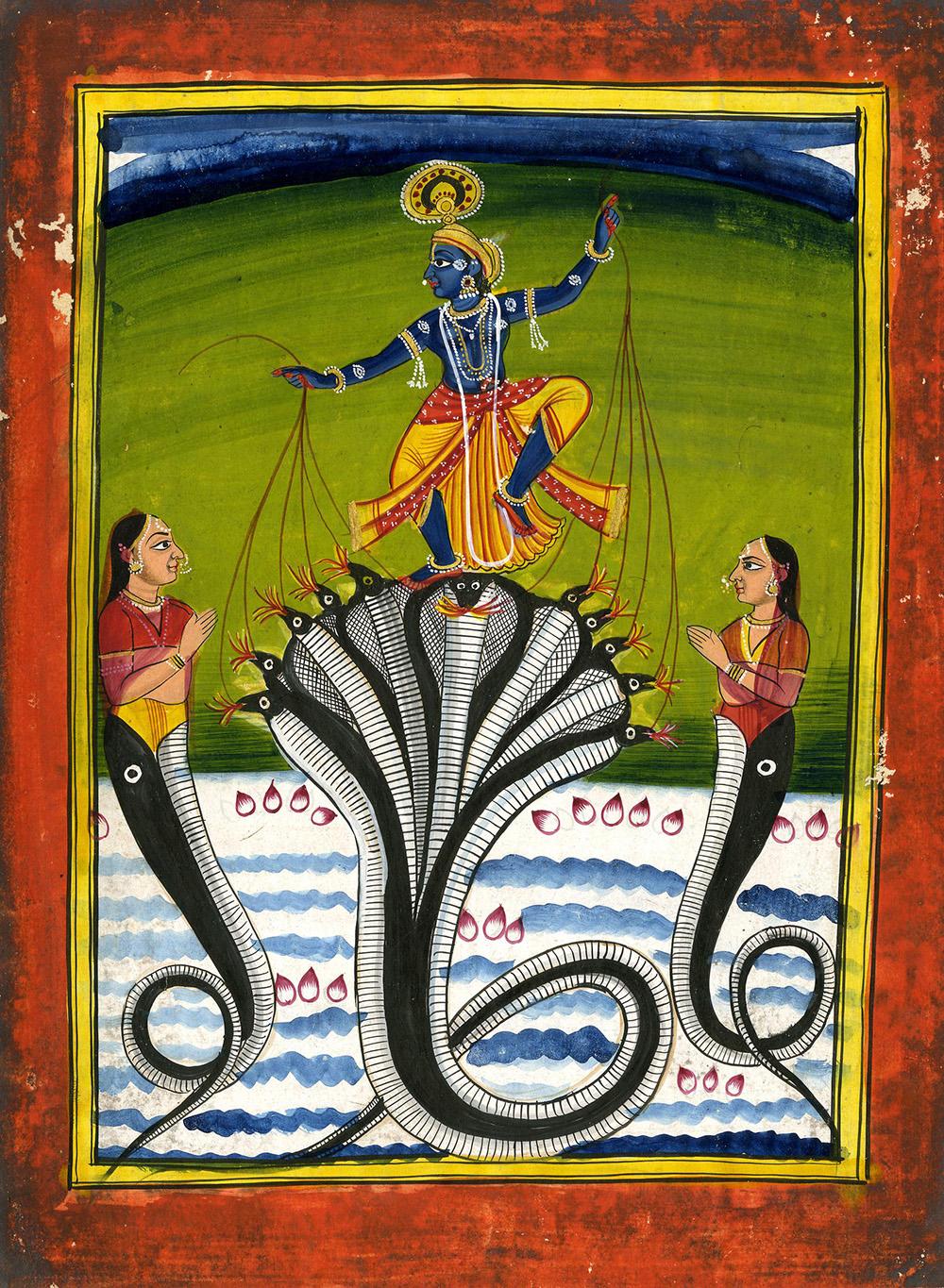 Colourful painting of the blue-skinned god Krishna defeating Kaliya, a snake with eleven heads, bordered by two women with snake bodies. 