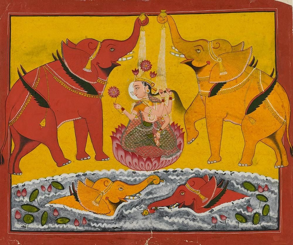 A colourful image of red and yellow elephants pouring water from their trunks over the goddess Lakshmi, as she sits on a lotus flower, while two elephants swim in the water below