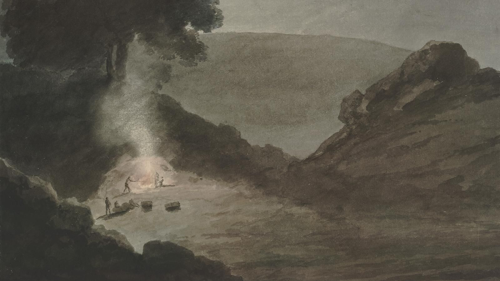 A watercolour drawing of a hillside at night with Mount Etna in the background and a group of figures gathered around a fire in a cave in the foreground
