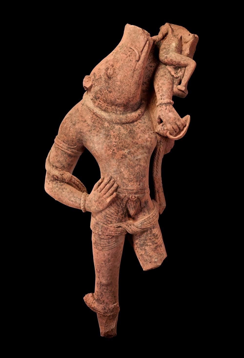 A carved red sandstone figure of Vishnu with a boar's head, with a missing foot and leg, holding a small figure with a missing head.