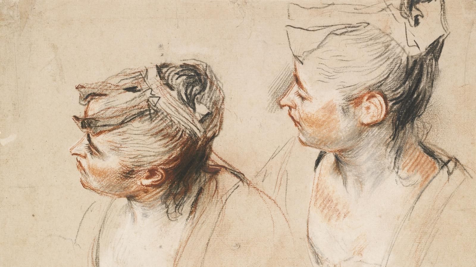 Red, black and white chalk sketch of two women's faces in profile, looking left with their hair tied up in ribbons.