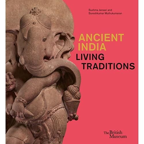 The cover of the book Ancient India: living traditions with a stone carving of the elephant-headed god Ganesha on the left and pinkish red colour on the right.