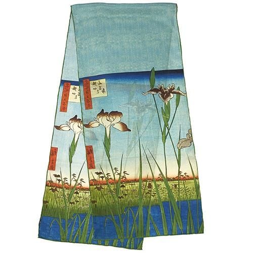 Silk scarf decorated with a Japanese image of flowers and water