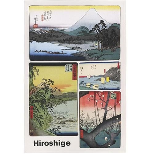 A tea towel with four images of Japanese wood block prints by Hiroshige
