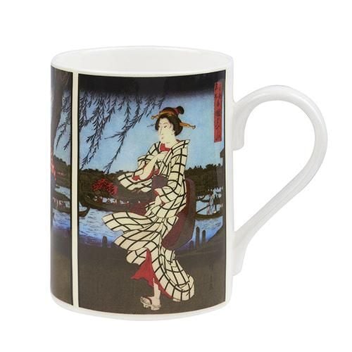 A mug featuring images of Japanese women in kimonos by Hiroshige