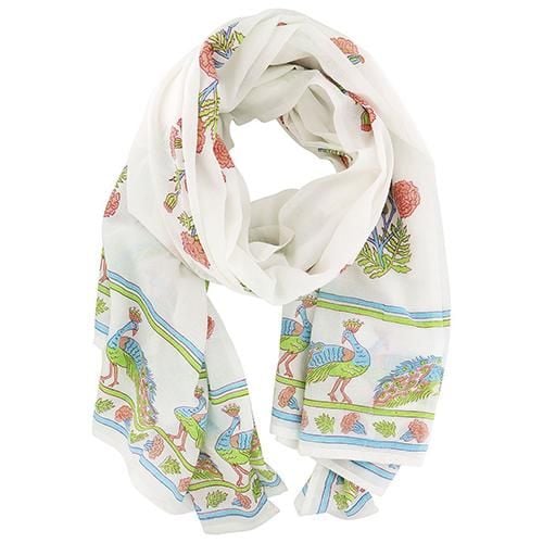 A white cotton scarf decorated with colourful Indian marigolds and peacocks