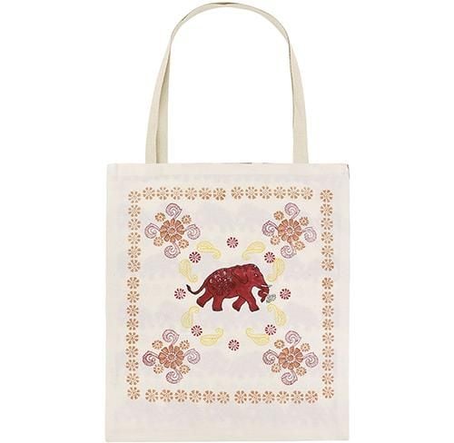 A tote bag decorated with a red elephant and flowers