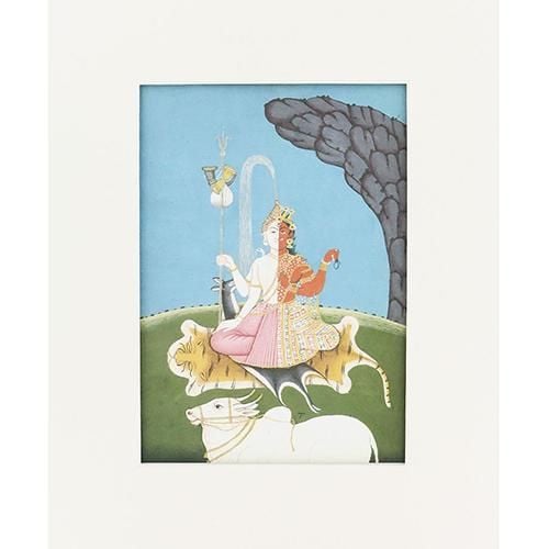 An image of the two halves of Shiva and Parvati sitting cross-legged on a tiger skin with a white bull in the foreground