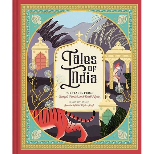 The colourful cover of the Tales of India book with images including a tiger