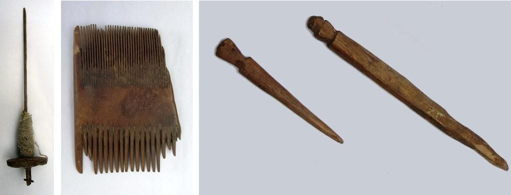 Three photographs of products made by artisans. On the left is a spindle whorl – a tool from the local weaving trade made of wood – with cotton still attached to it. In the centre is an ebony comb with fine teeth on one side and coarser teeth on the other. On the right are two carved wooden hair toggle pins: pointed at one end with notches at the other end to form a head.